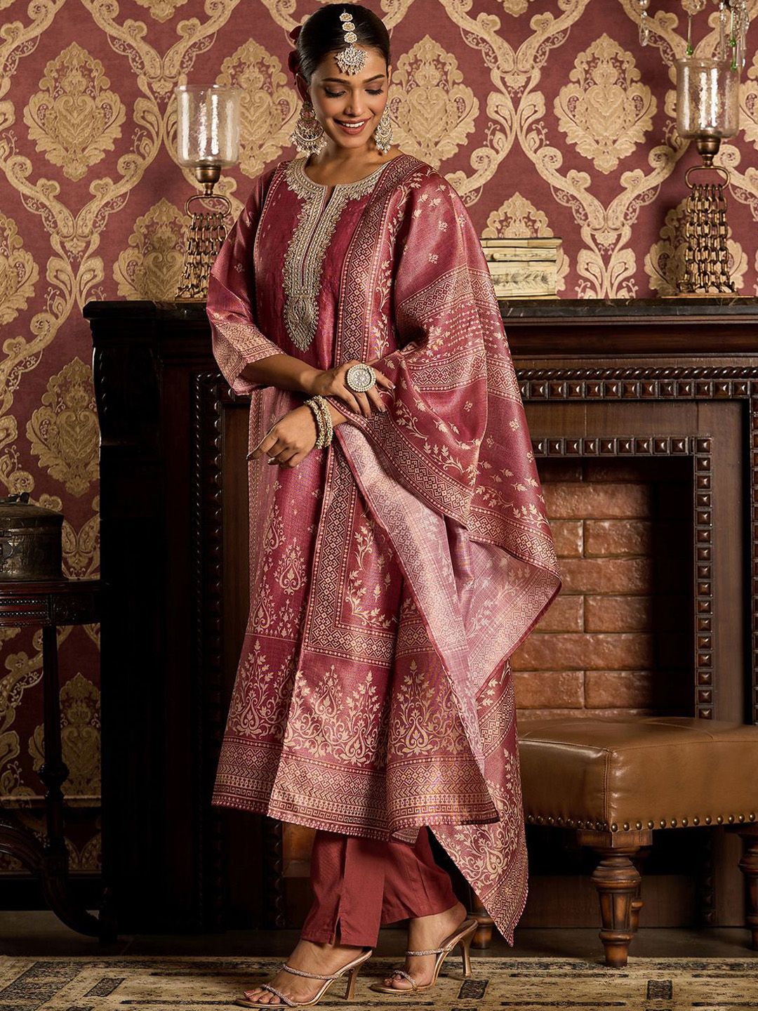 Dhiyona IE Floral Zari Embroidered Straight Kurta with Trouser & Dupatta