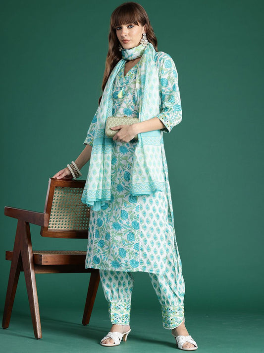 Women Floral Printed Regular Pure Cotton Kurta with Trousers & With Dupatta