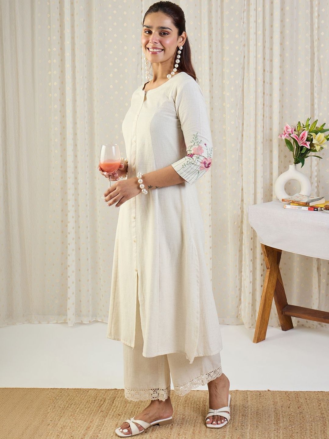 Floral Embroidered Round Neck A-Line Thread Work Kurta With Palazzos