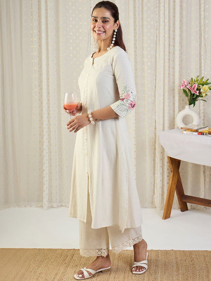 Floral Embroidered Round Neck A-Line Thread Work Kurta With Palazzos