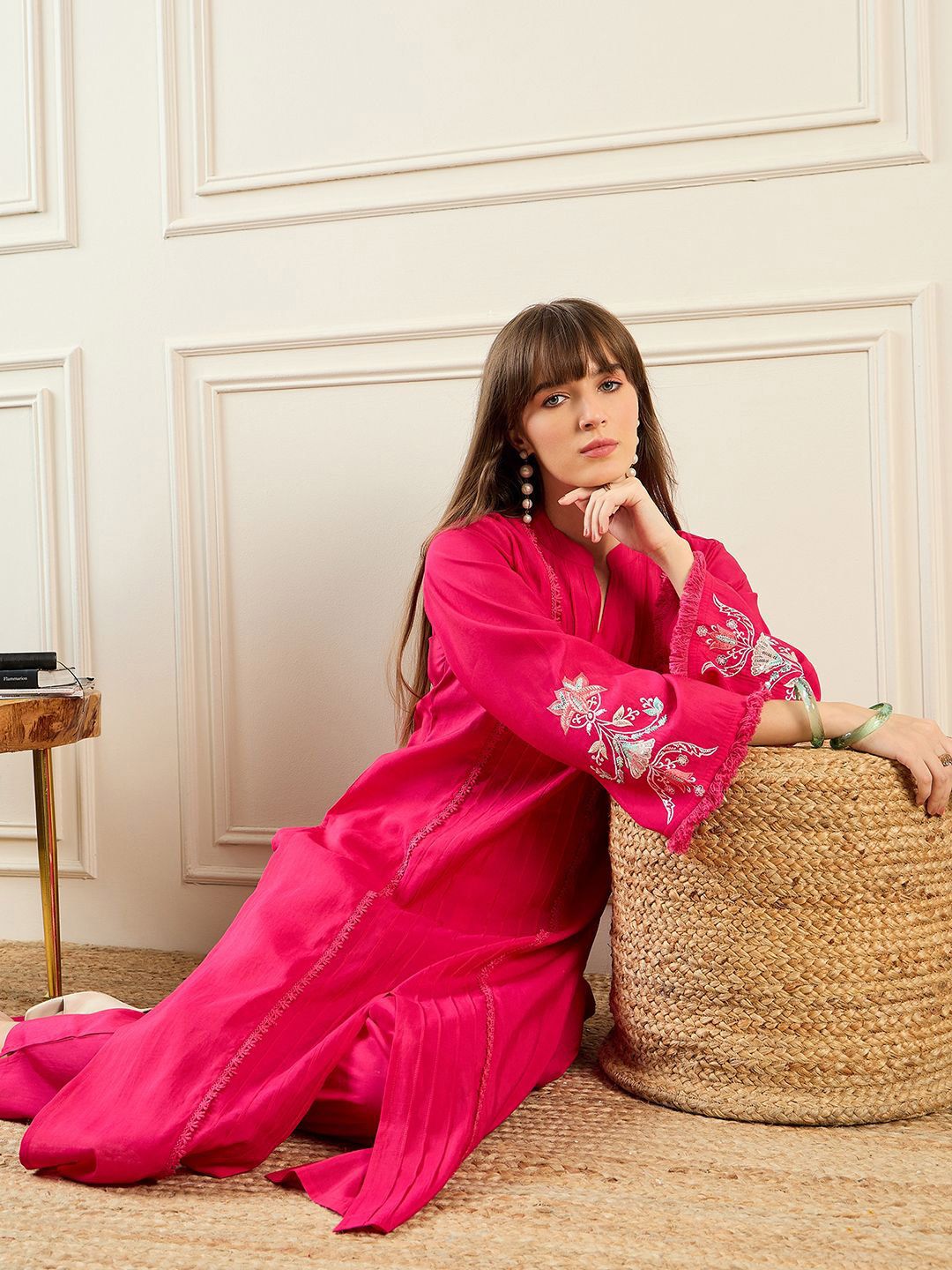 Self Design Mandarin Collar Bell Sleeves Straight Kurta With Trousers