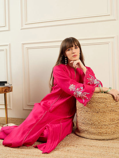 Self Design Mandarin Collar Bell Sleeves Straight Kurta With Trousers