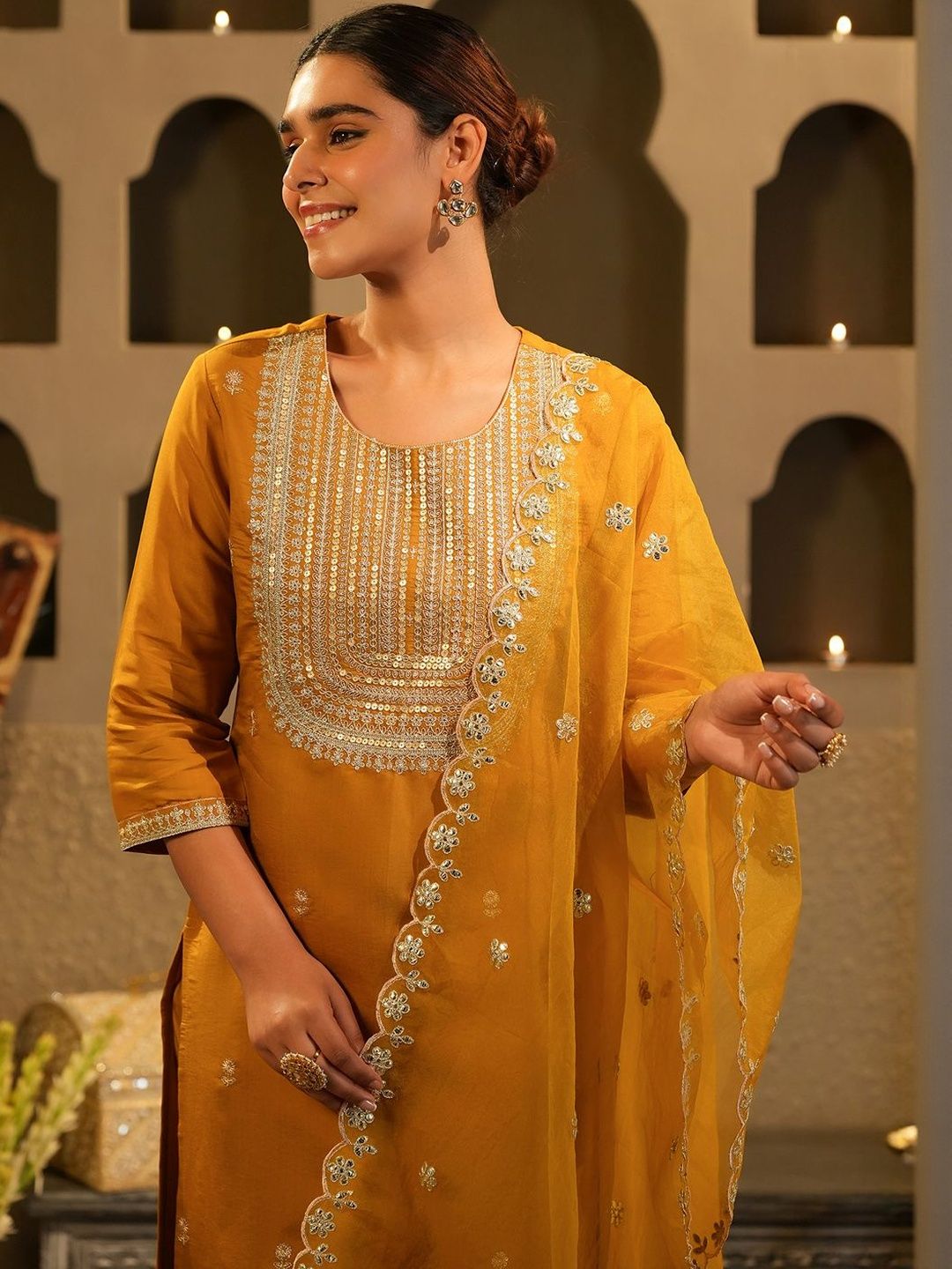 Women Ethnic Motifs Embroidered Regular Sequinned Kurta with Trousers & Dupatta