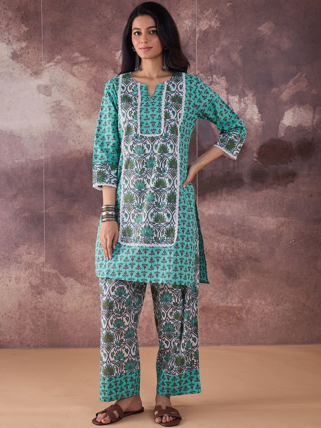 Ethnic Motifs Printed Notch Neck Pure Cotton Straight Kurta With Palazzos