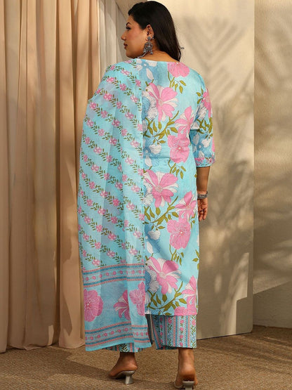 Dhiyona Women's Plus Size Floral Printed Kurta with Trousers & With Dupatta