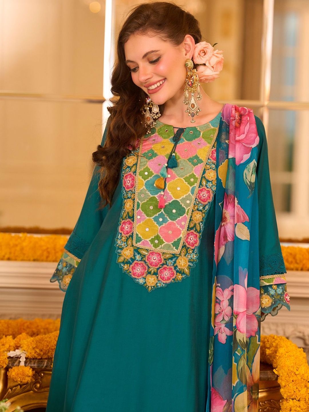 Women Floral Embroidered Kurta with Trousers & Dupatta