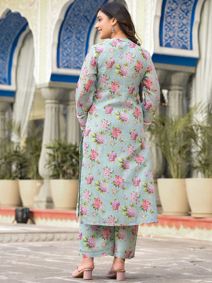 Dhiyona VA Women'sFloral Printed Mandarin Collar Regular Kurta With Trousers