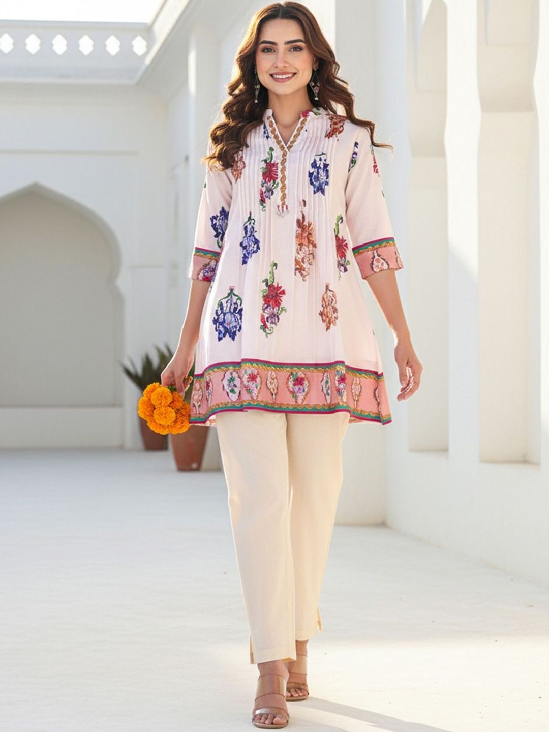 Floral Printed Pleated Pure Cotton Mandarin Collar Kurta With Trouser