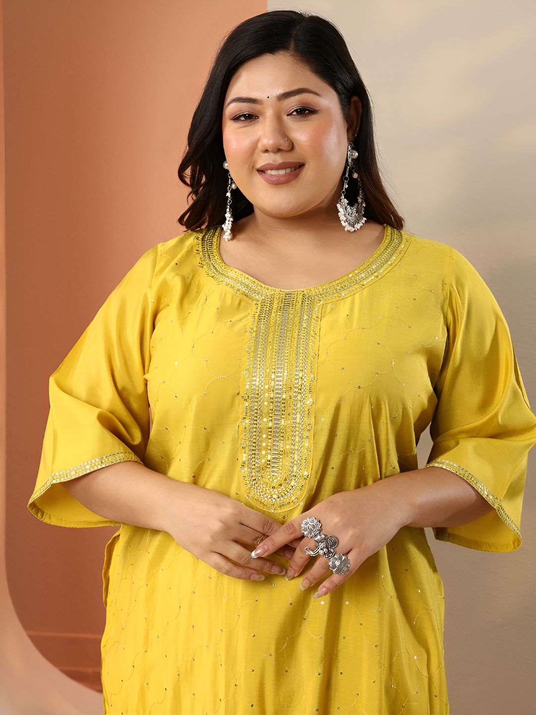 Dhiyona Women's Plus Size Ethnic Motifs Embroidered Kurta with Patiala & Dupatta