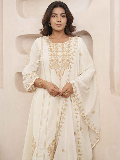 Dhiyona PD Women Floral Embroidered Pure Cotton Kurta & Trousers With Dupatta