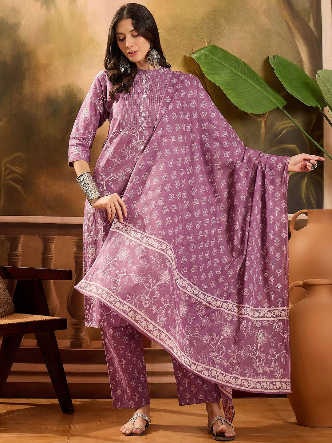 Dhiyona SN Women's Printed Pure Cotton Straight Kurta & Trousers With Dupatta