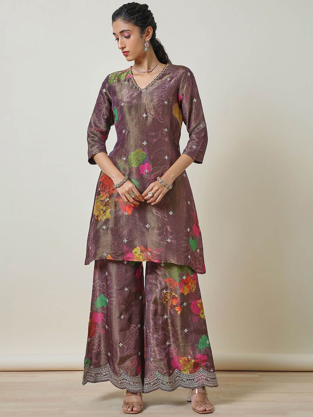 Dhiyona SO Women's Floral Printed V Neck Sequinned Tissue A Line Kurti with Palazzos & Dupatta