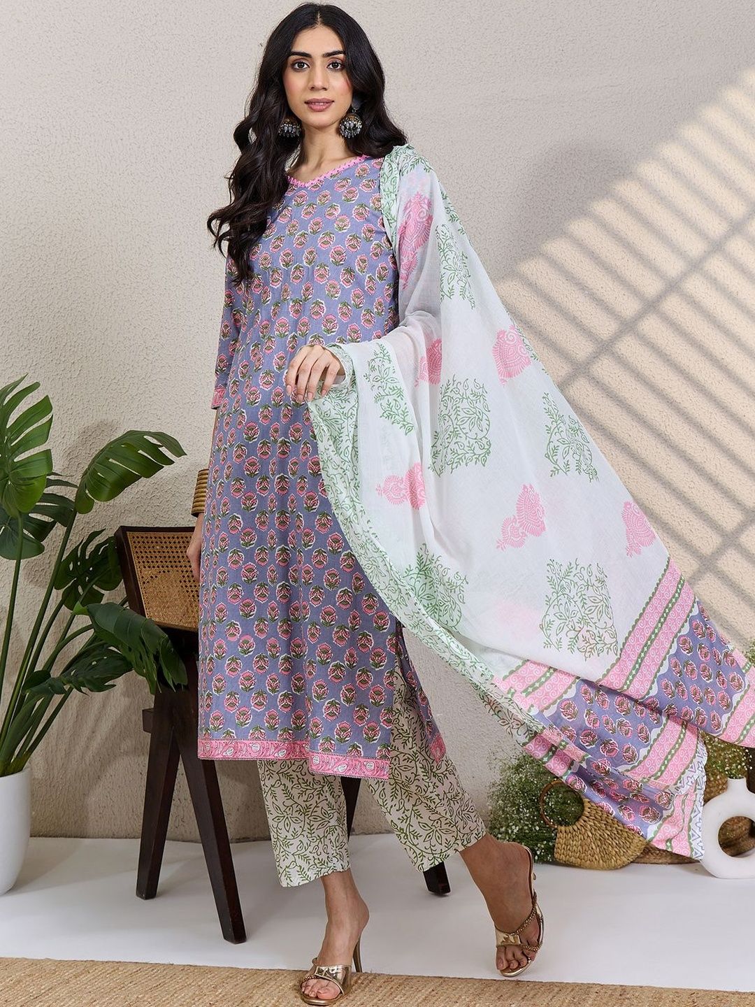 Women Ethnic Motifs Printed Regular Pure Cotton Kurta with Trousers & With Dupatta
