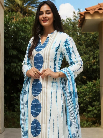 Women Geometric Printed Cotton Kurta with Trousers & Dupatta