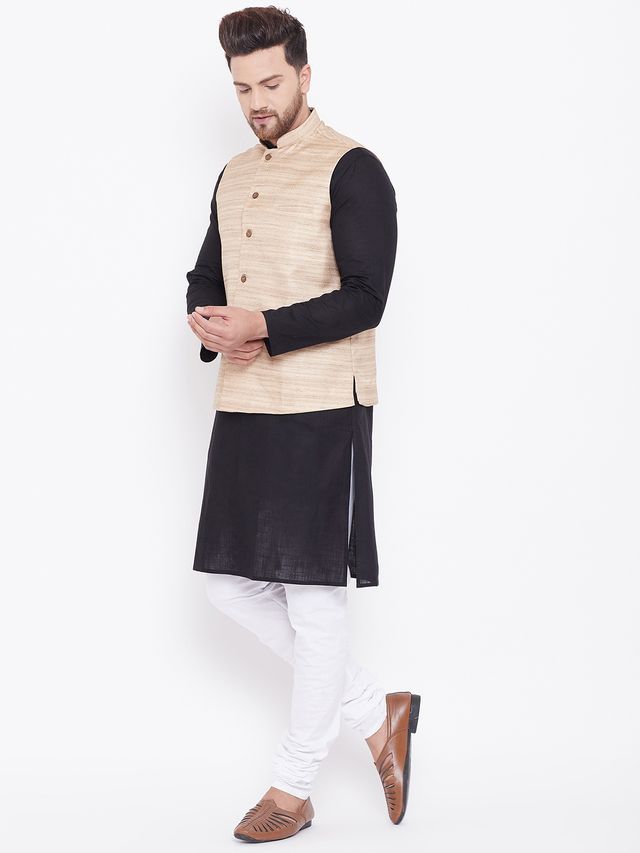 Men's Black Cotton Blend Straight Jacket  Kurta and Pyjama Set