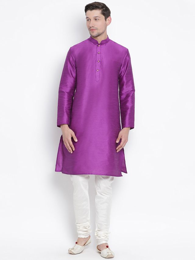 Men's Purple Silk Blend Straight Kurta Pyjama Set