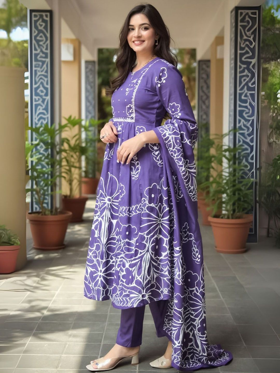 Floral Printed Pure Cotton A Line Kurta With Trousers & Dupatta