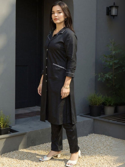Women Lapel Collar Thread Work A-Line Pure Cotton Kurta With Trousers