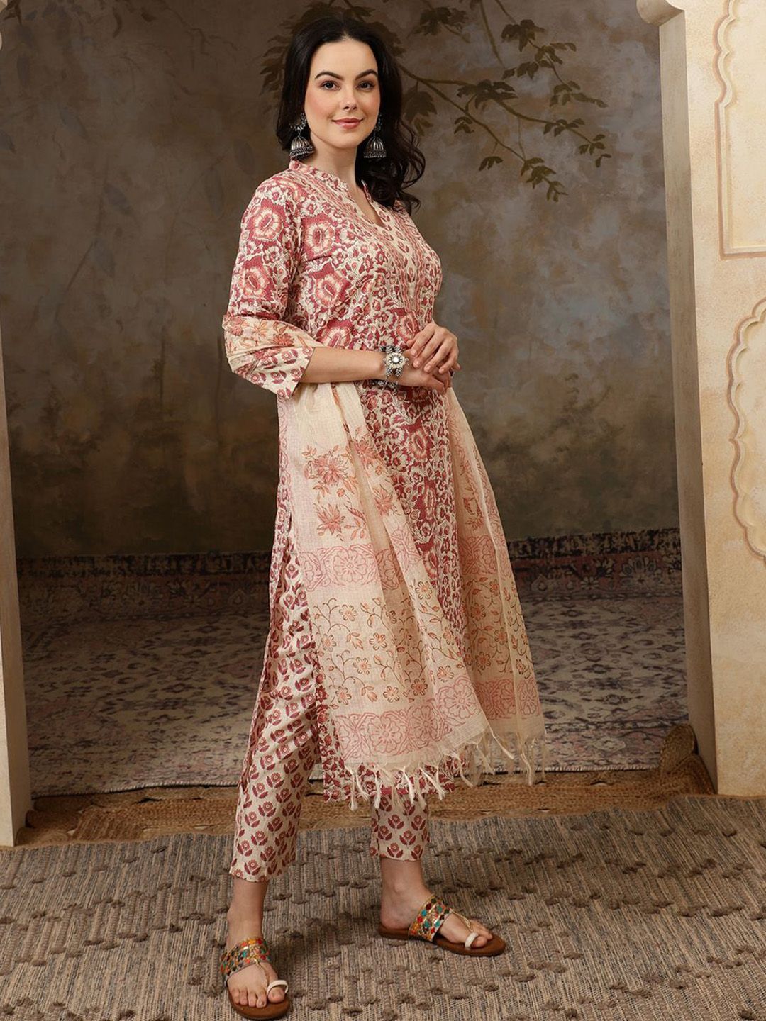 Dhiyona SN Women's Floral Printed Mandarin Collar Pure Cotton Kurta With Trousers & Dupatta