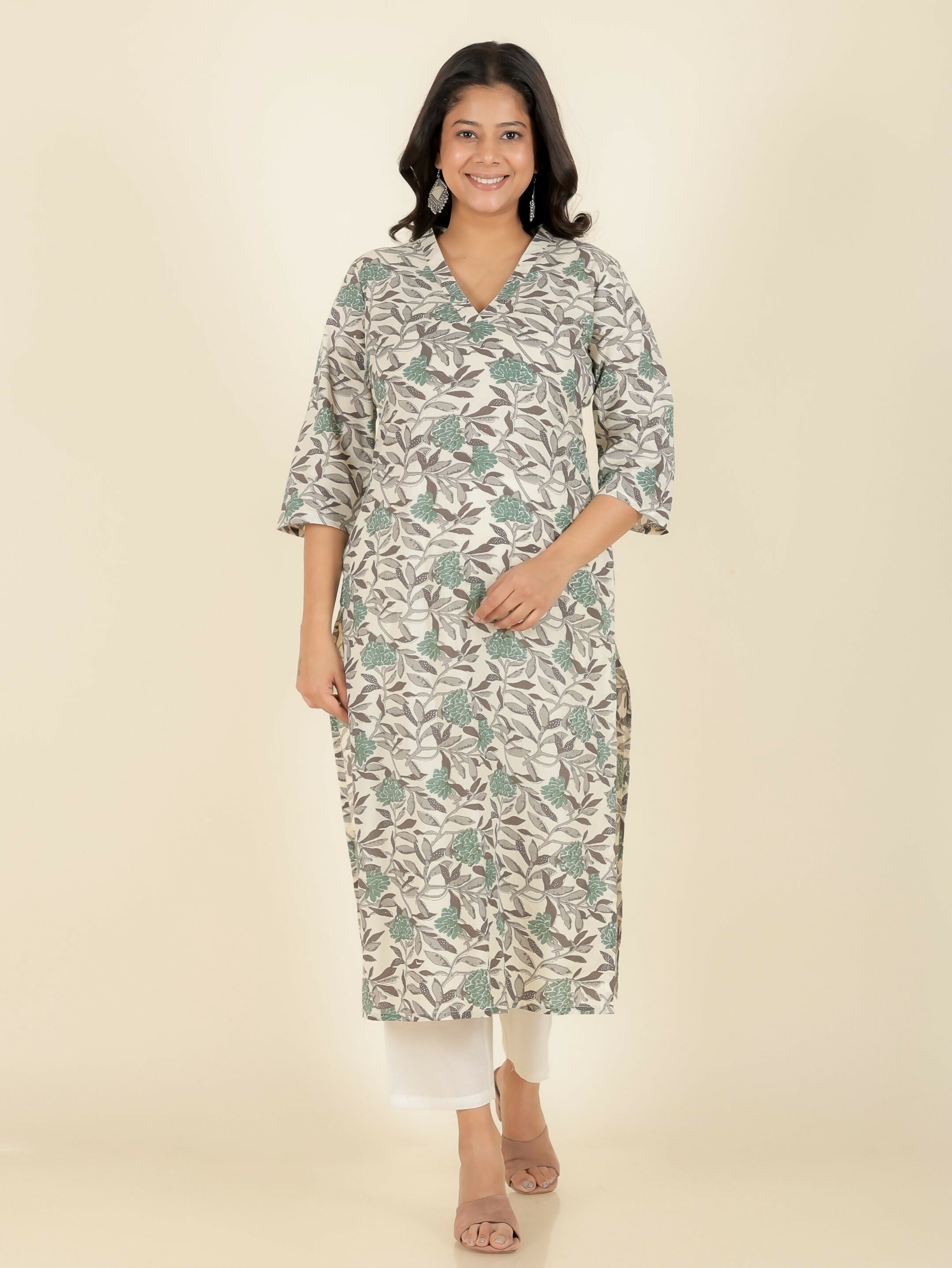 Women's Straight Soft Cotton Floral Print Women's Kurta - Off White