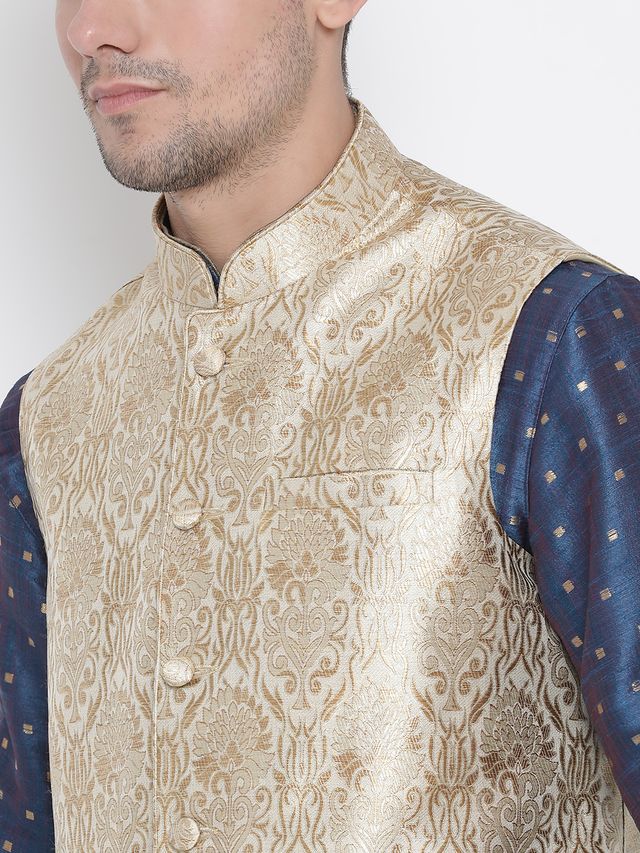 Men's Blue Silk Blend Straight Jacket  Kurta and Pyjama Set