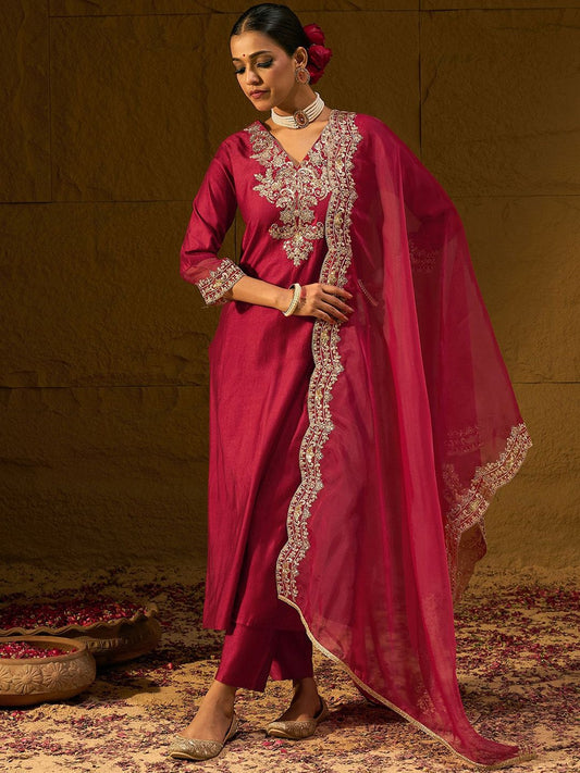 Dhiyona IE Maroon Ethnic Motifs Embroidered Sequinned Liva Kurta with Trouser & Dupatta