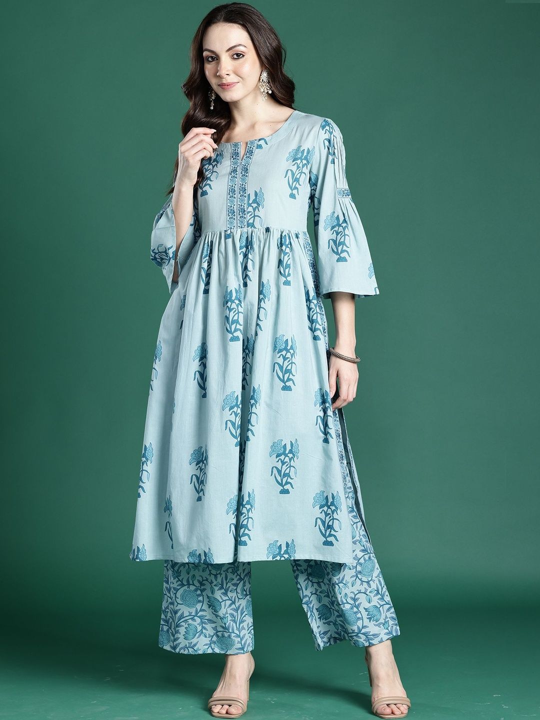 Women Floral Printed Empire Thread Work Pure Cotton Kurta with Palazzos
