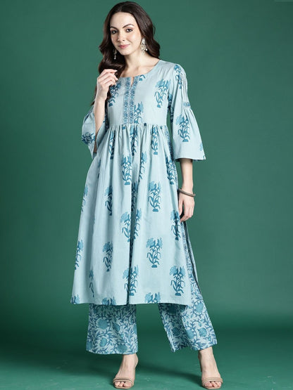 Women Floral Printed Empire Thread Work Pure Cotton Kurta with Palazzos