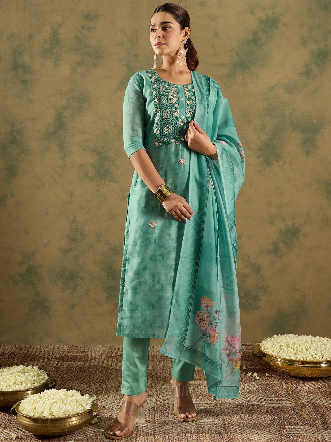 Floral Embroidered Thread Work Chanderi Silk Kurta with Trousers & Dupatta