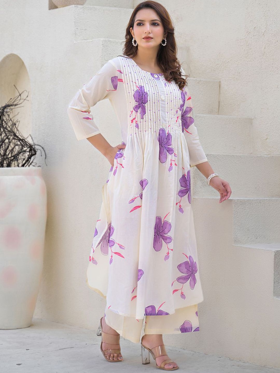 Floral Printed Round Neck Pleated Pure Cotton A-Line Kurta With Palazzos