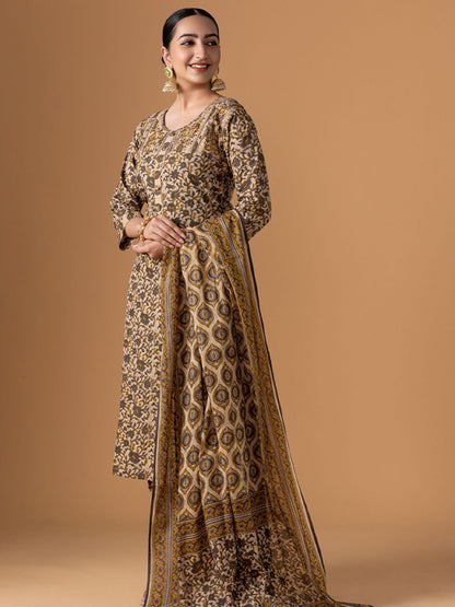 Dhiyona WP Women Floral Printed Cotton Kurta with Trousers & Dupatta