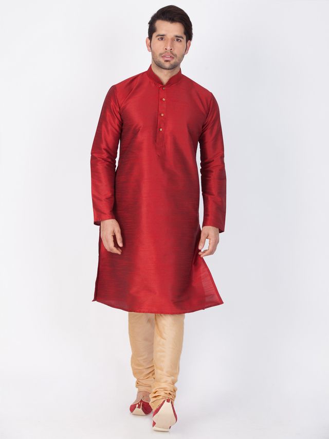 Men's Maroon Silk Blend Straight Kurta Pyjama Set