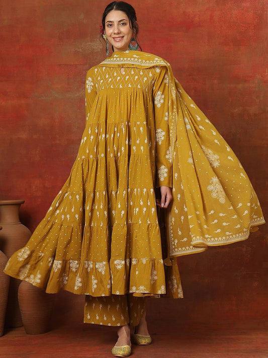 Dhiyona SN Women's Printed Pure Cotton Key Hole-Neck Anarkali Kurta & Trousers With Dupatta