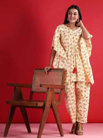 Dhiyona IE Printed V-Neck Pure Cotton Tunic & Trousers Co-Ords