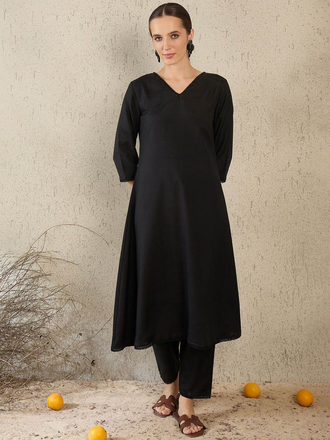 V-Neck A-Line Kurta With Trousers & Dupatta