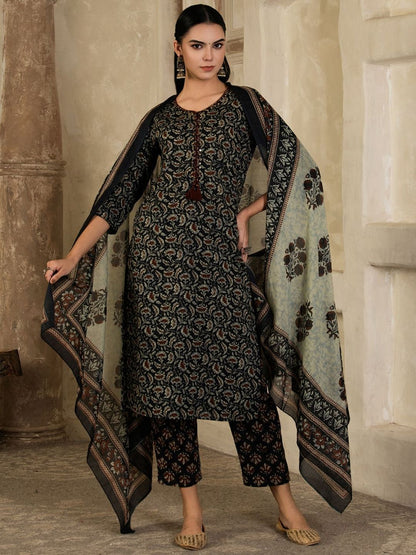 Dhiyona SN Women's Floral Printed Cotton Kurta with Trousers & Dupatta