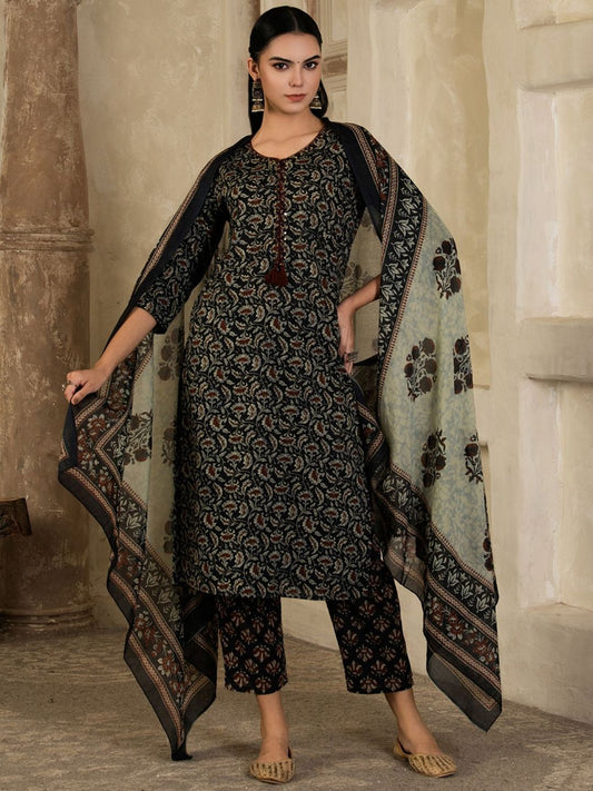 Dhiyona SN Women's Floral Printed Cotton Kurta with Trousers & Dupatta