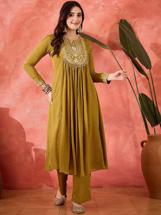 Dhiyona SN Women's Zari & Sequin Embroidered Lace Work Kurta & Trousers