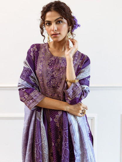 Dhiyona IS Women's Purple Bandhani Printed Round Neck Straight Kurta With Palazzos & Dupatta