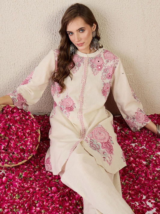 Women Floral Printed Regular Mirror Work Pure Cotton Kurta with Trousers