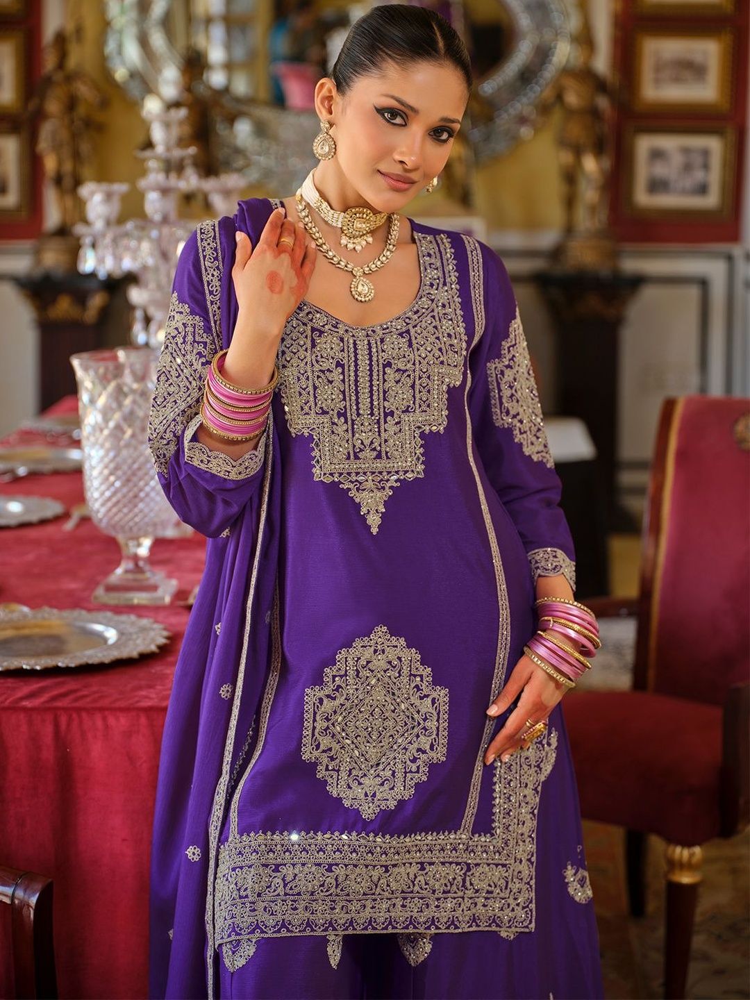 Ethnic Motifs Embroidered Chinon Beads And Stones Kurta With Palazzos & Dupatta