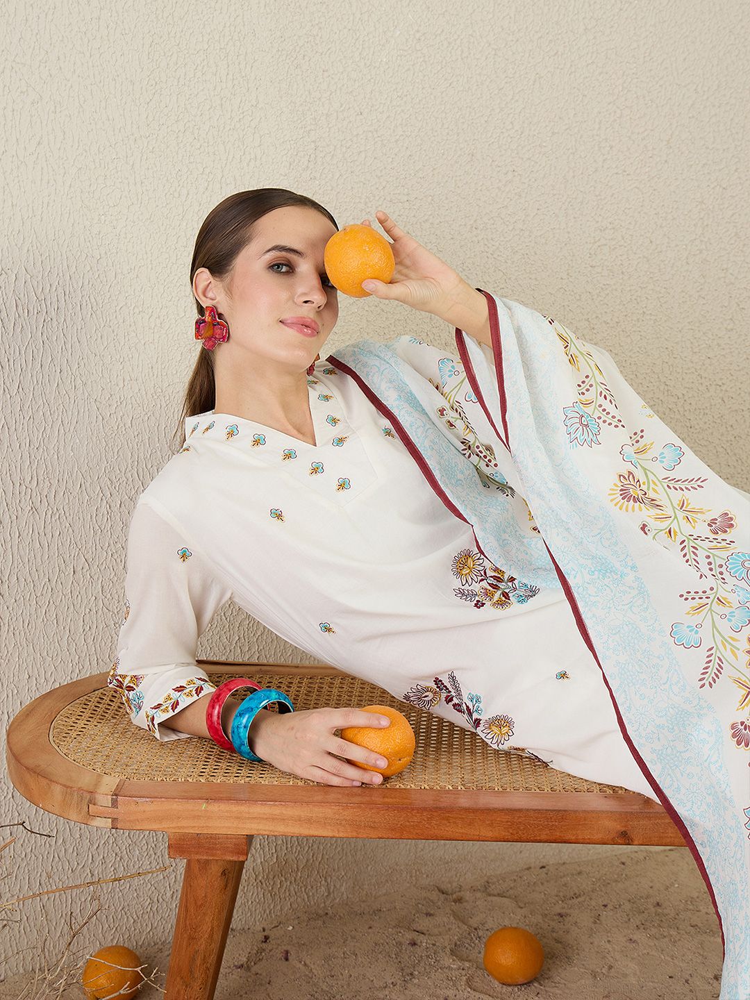Women Floral Embroidered Pure Cotton Kurta with Trousers & Dupatta