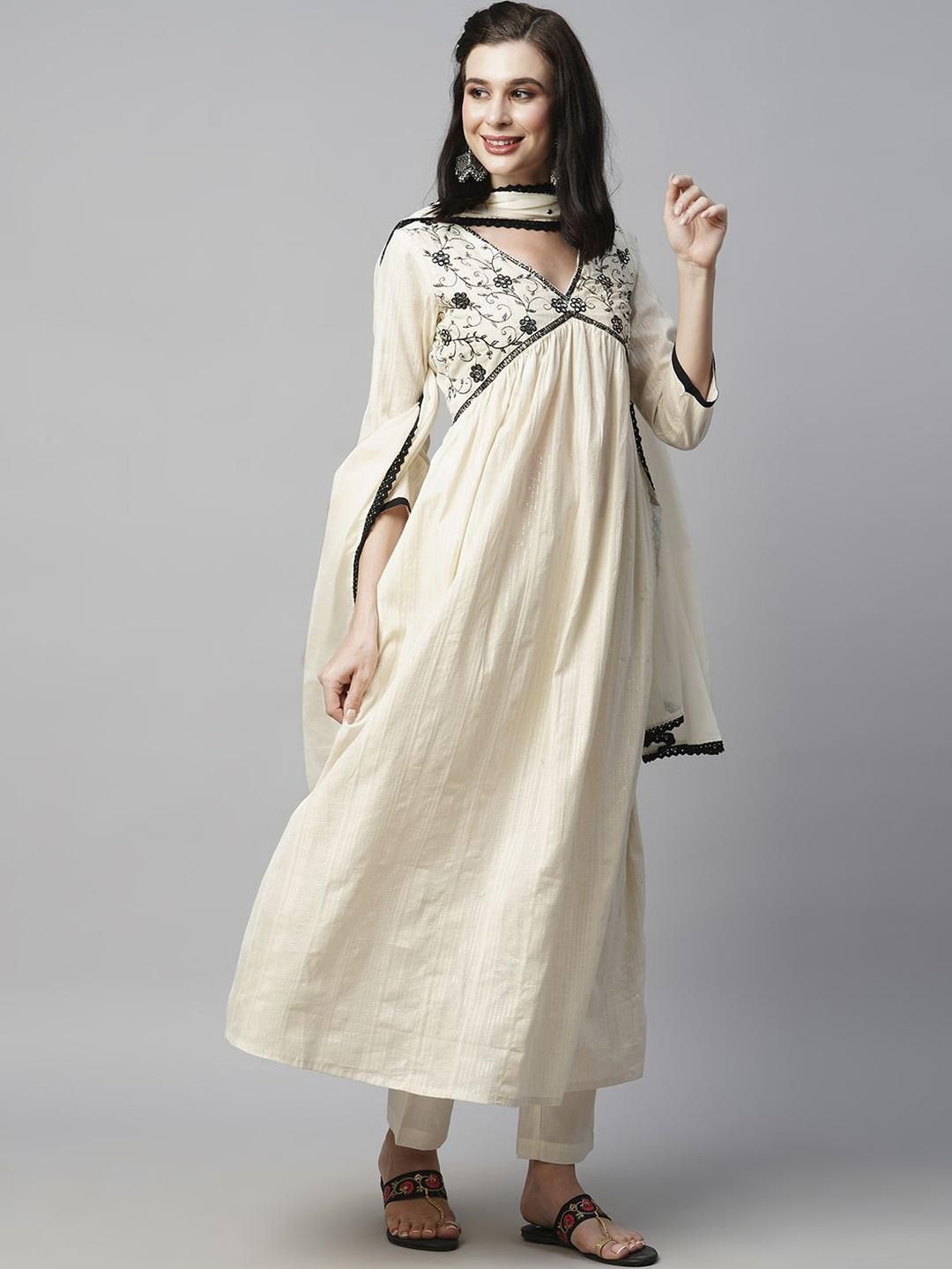 Dhiyona SN Women's Woven Design Embroidered Cotton Kurta with Trousers & Dupatta