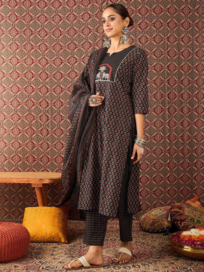 Floral Printed Pure Cotton Straight Kurta Trousers With Dupatta