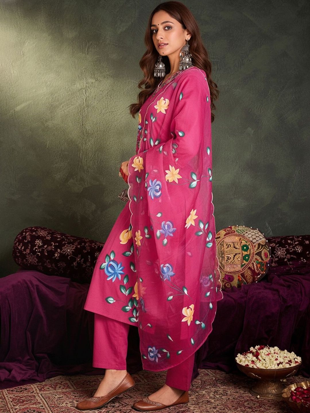 Floral Printed Sraight Thread Work Pure Cotton Kurta With Trousers & Dupatta