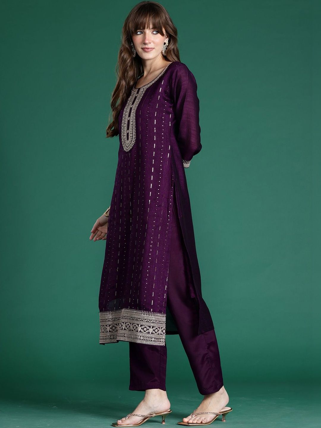 Women Ethnic Motifs Embroidered Regular Sequinned Kurta with Trousers & With Dupatta