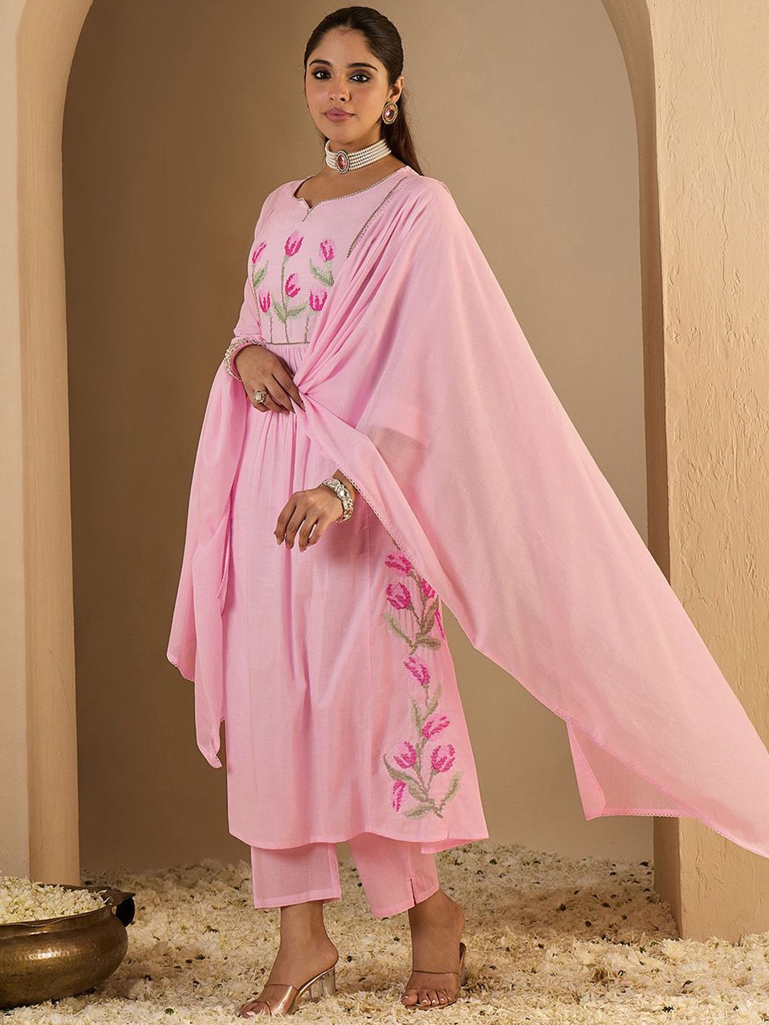 Dhiyona IE Women's Women Embroidered Empire Thread Work Pure Cotton Kurta with Trousers & Dupatta