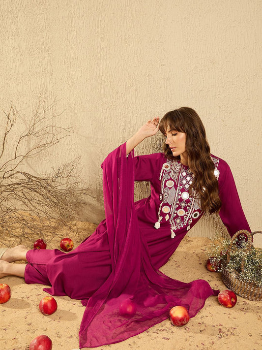 Dhiyona IE Women Ethnic Motifs Embroidered Regular Mirror Work Kurta with Trousers & With Dupatta