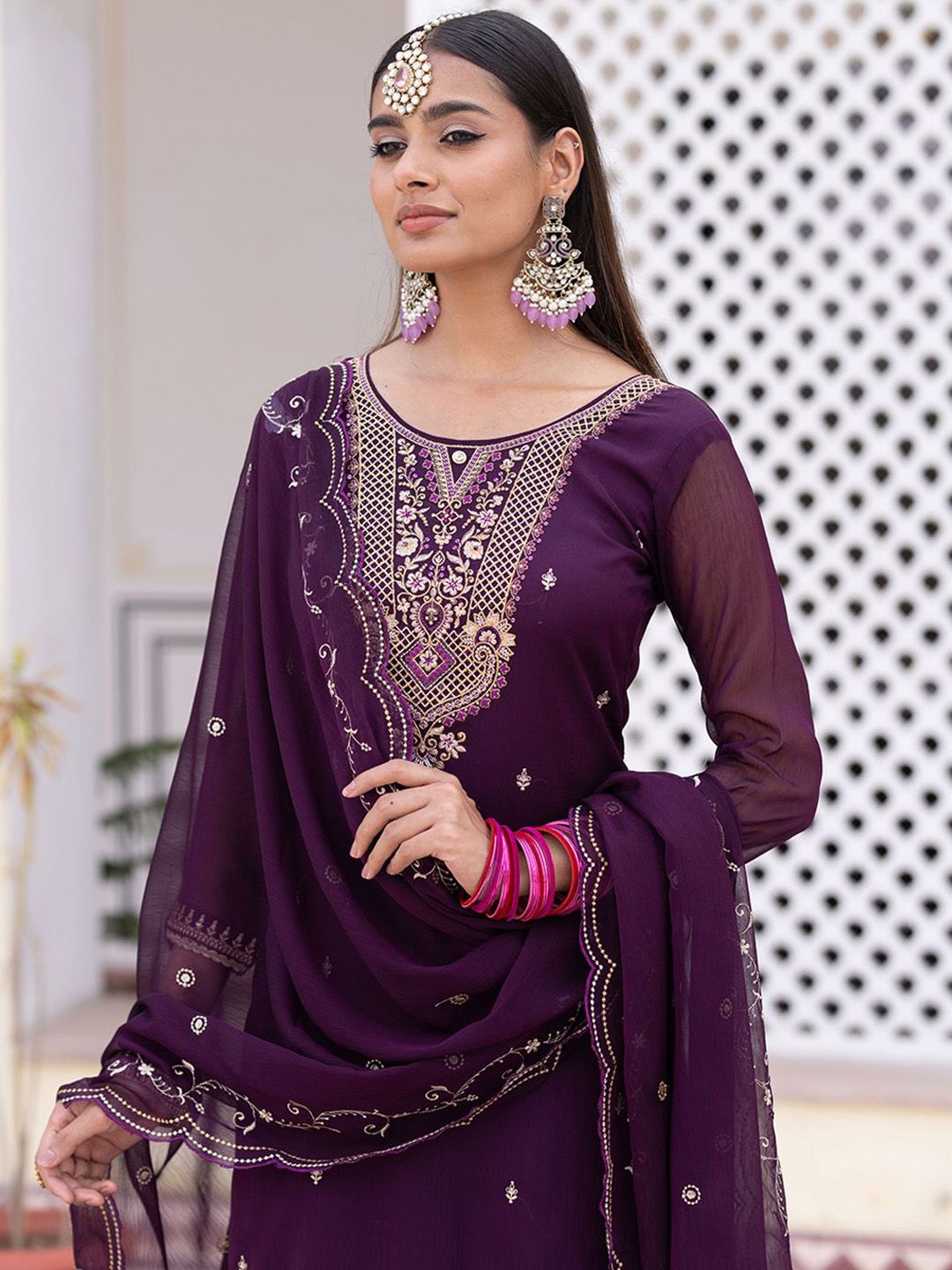 Dhiyona CH Women Ethnic Motifs Embroidered Regular Thread Work Kurta with Trousers & With Dupatta