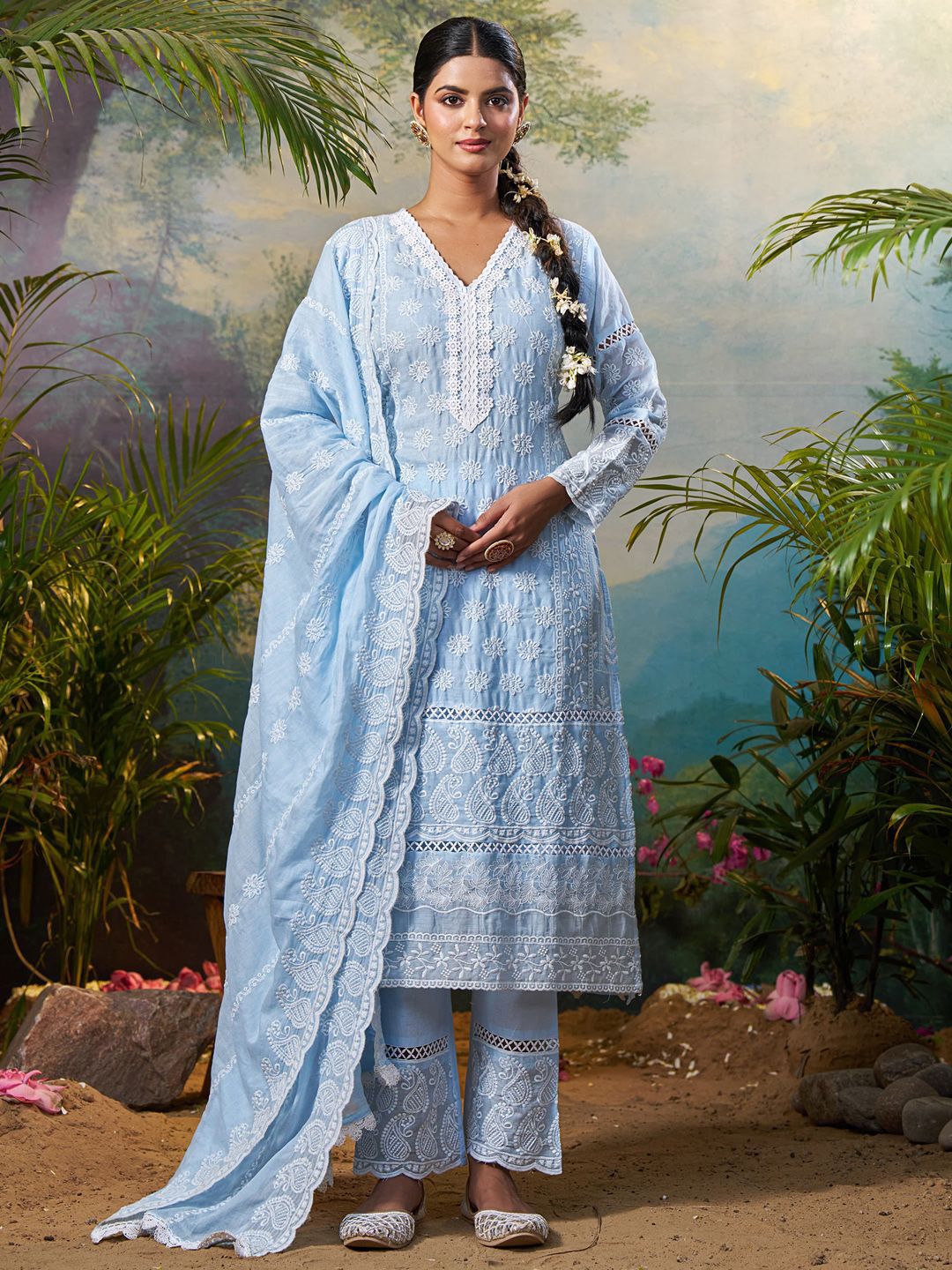 Ethnic Motifs Embroidered Pure Cotton V Neck Kurta With Trousers & Dupatta
